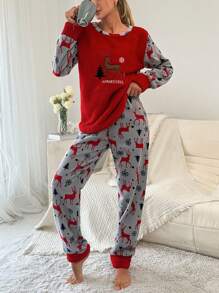 RueChic Christmas Elk & Snowflake Embroidery Flannel PJ Set - Multicolor - View 3