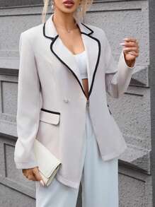 SHEIN Privé Blazer Sin Cuello Con Bolsillos Con Solapa Y Bordes De Patchwork - Albaricoque - Ver 4