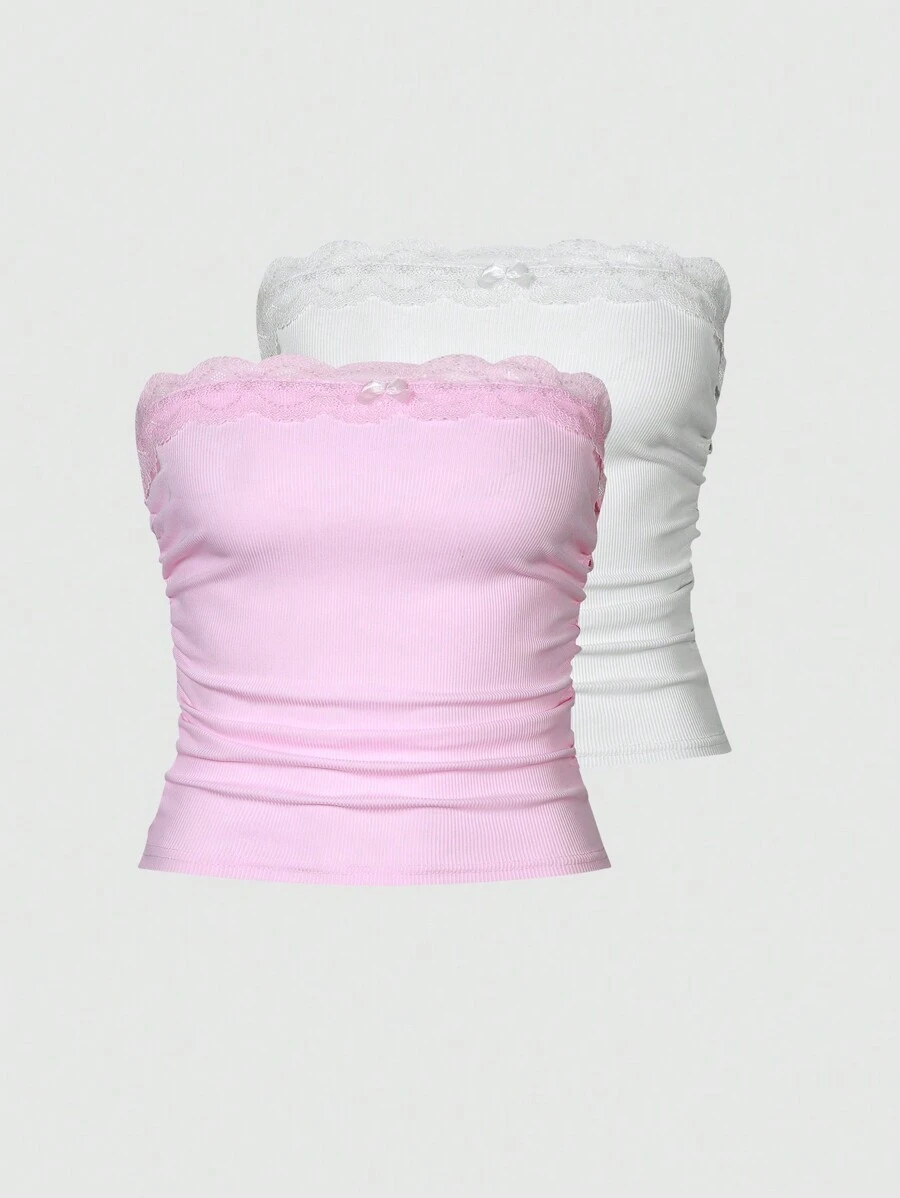Sweetra 2 piezas Top bandeau con encaje en contraste fruncido lateral - Multicolor - Ver 1