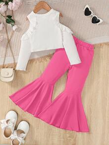 SHEIN Cô Gái Trẻ Vai lạnh Viền Ruffle Áo thun & Quần ống loe - Màu Hồng Tươi - Xem 2
