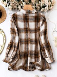 SHEIN LUNE Plus Plaid Print Button Front Coat - Coffee Brown - View 2
