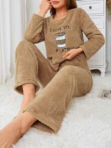 Coffee & Letter Embroidery Flannel PJ Set - Mocha Brown - View 6