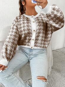 SHEIN Qutie 大碼千鳥格前排扣開襟衫 - 咖啡棕 - 查看 5