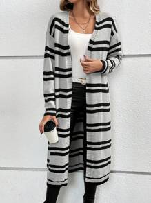 SHEIN Clasi Striped Pattern Drop Shoulder Duster Cardigan - Grey - View 5