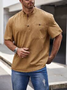 Manfinity Homme Áo Sơ Mi Nam Plus Túi Vá Nửa Nút Tay Ngắn Lên Vải Lanh Trơn Kỳ Nghỉ Sơ Mi Sơ Mi - màu nâu - Xem 6