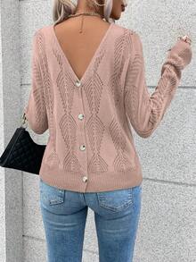 SHEIN Unity Chất rắn Cổ v Dệt kim chấm bi Thả vai Áo len - Bụi hồng - Xem 6