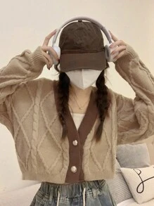 拼接邊落肩袖麻花編織開襟衫 - 卡其色 - 查看 1