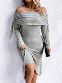 SHEIN Clasi Plus rochie pliată cu șnur cu umăr - Gri - Vizualizare 6