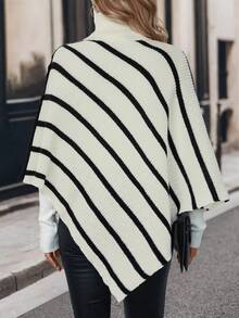 SHEIN LUNE Striped Pattern Turtleneck Batwing Sleeve Asymmetrical Hem Poncho Sweater - Black and White - View 2