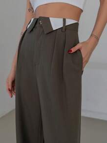 Dazy Designer Quần ống rộng túi xéo tương phản trang phục công sở - màu nâu - Xem 3