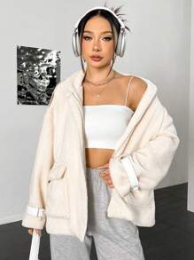 SHEIN Unity Regular Solid Color Wide Pocket Loose Plush Jacket - Beige - View 5