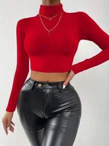 SHEIN Unity 素色高領短款T恤 - 紅色 - 查看 1