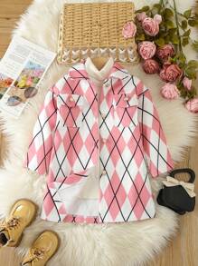 SHEIN 女小童1入組菱形印花翻蓋口袋花呢外套 - 粉色 - 查看 1