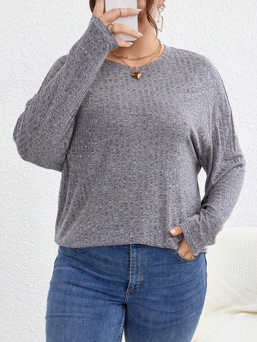 SHEIN LUNE Ladies' Plus Size Ribbed T-Shirt - Grey - View 1