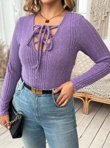 Flirla Plus Size Women Solid Color Tie Collar Long Sleeve Ribbed Casual T-Shirt, Autumn - Purple - View 5