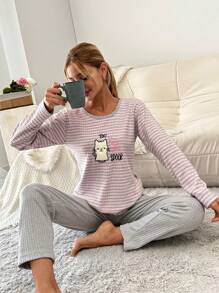 EURMUSE Women's Cartoon Pattern Striped T-Shirt + Solid Colored Pants Homewear Set - Grey - View 4