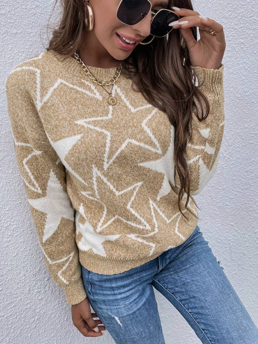 SHEIN Frenchy Áo len nữ Hình học Giải trí - Màu be - Xem 1