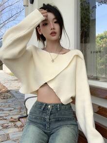 Dazy Star Solid Batwing Sleeve Crossover Crop Sweater - White - View 2