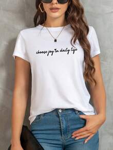 SHEIN EZwear Đồ họa Khẩu hiệu Áo thun - trắng - Xem 4