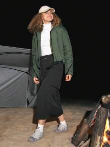 In My Nature Solid Zipper Up Drawstring Detail Padded Coat - Army Green - View 4