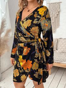 SHEIN Franclia Plus Floral Print Knot Side Wrap Dress - Black - View 3