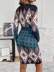SHEIN Clasi 女式幾何圖案緊身連衣裙,配帶腰身裙帶 - 彩色 - 查看 2