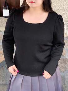 Dazy Plus Plus Size Women's Puff Sleeve T-Shirt With Square Neckline,Fall Women Clothes