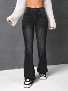 SHEIN EZwear Washed Flared Jeans - Black - View 3