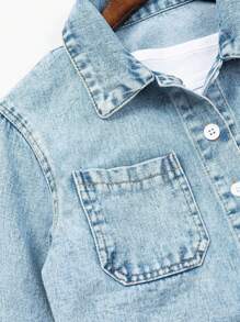 少女雙口袋單排扣短款牛仔外套 - 淺色水洗藍 - 查看 4