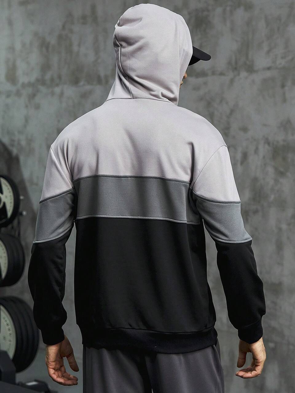 Boyfriend Style Men Color Block Letter Graphic Kangaroo Pocket Drawstring Sports Sweatshirt Boyfriend Style Men Sweatshirt