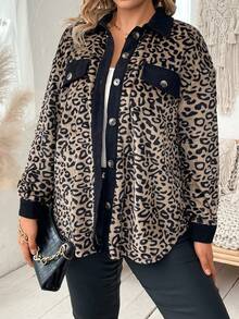 SHEIN Franclia 大碼豹紋印花落肩袖翻蓋細節拼接邊外套 - 紫紅色 - 查看 5