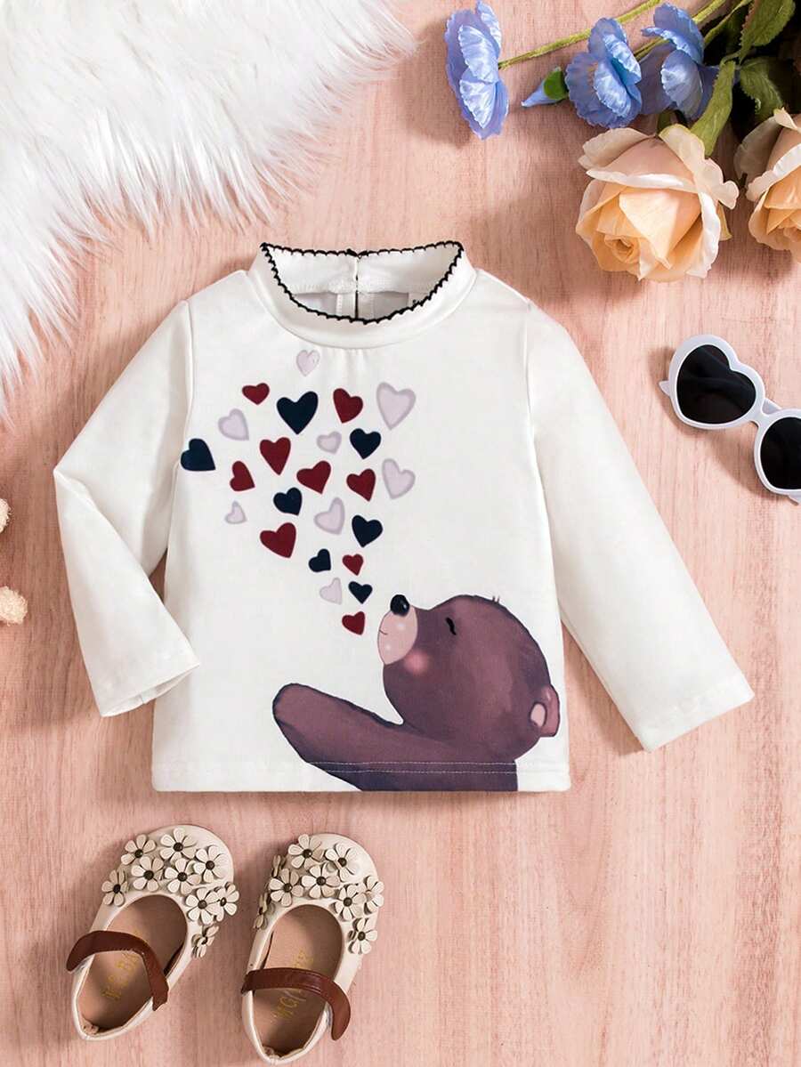 Baby Girl Heart & Cartoon Graphic Keyhole Back Top - Multicolor - View 1