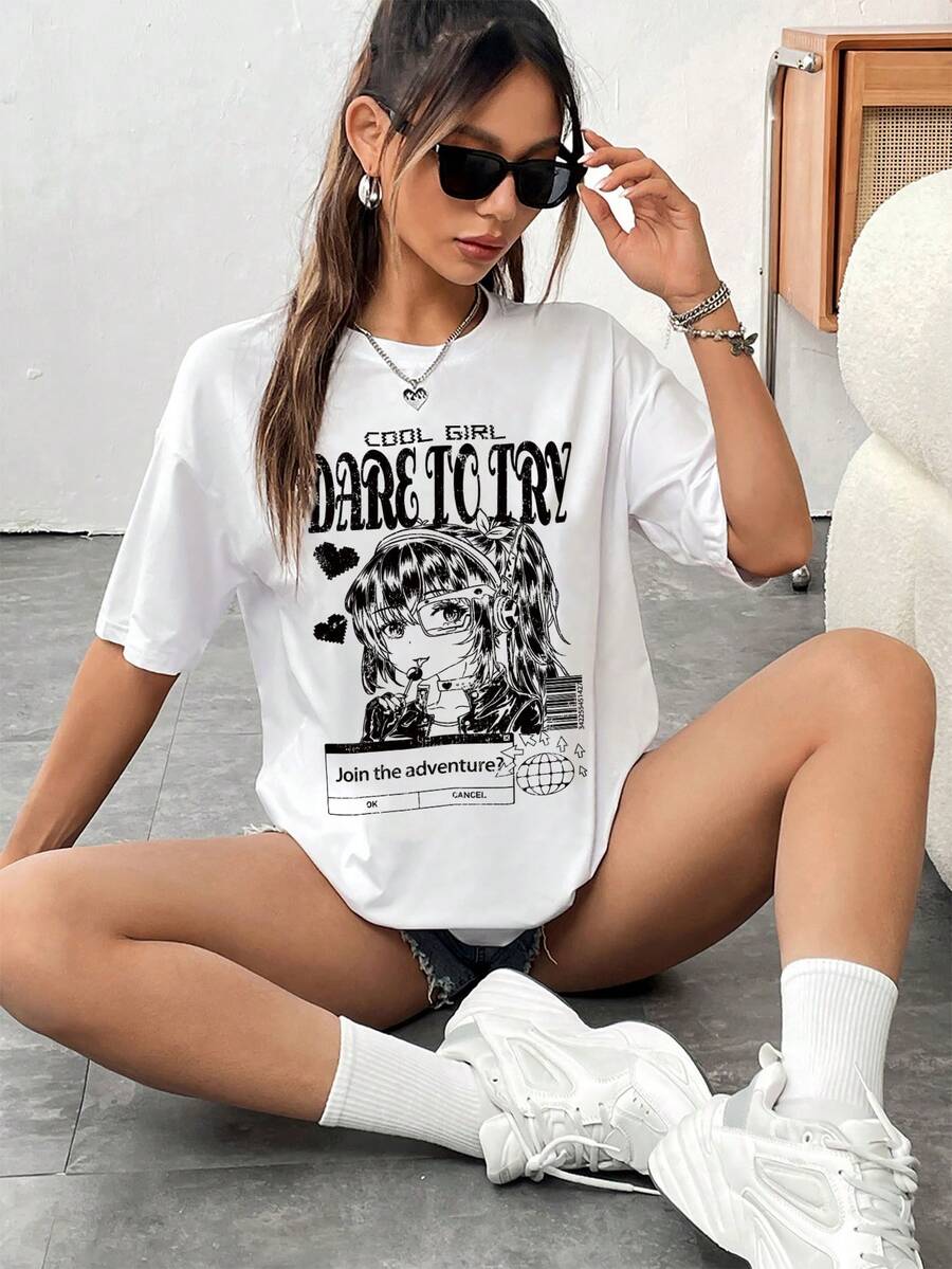 SHEIN Unity Khẩu hiệu & Hình ảnh Áo thun Thả vai - trắng - Xem 1