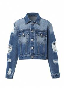Áo khoác denim có túi rách Tween Girl - Rửa tối - Xem 1