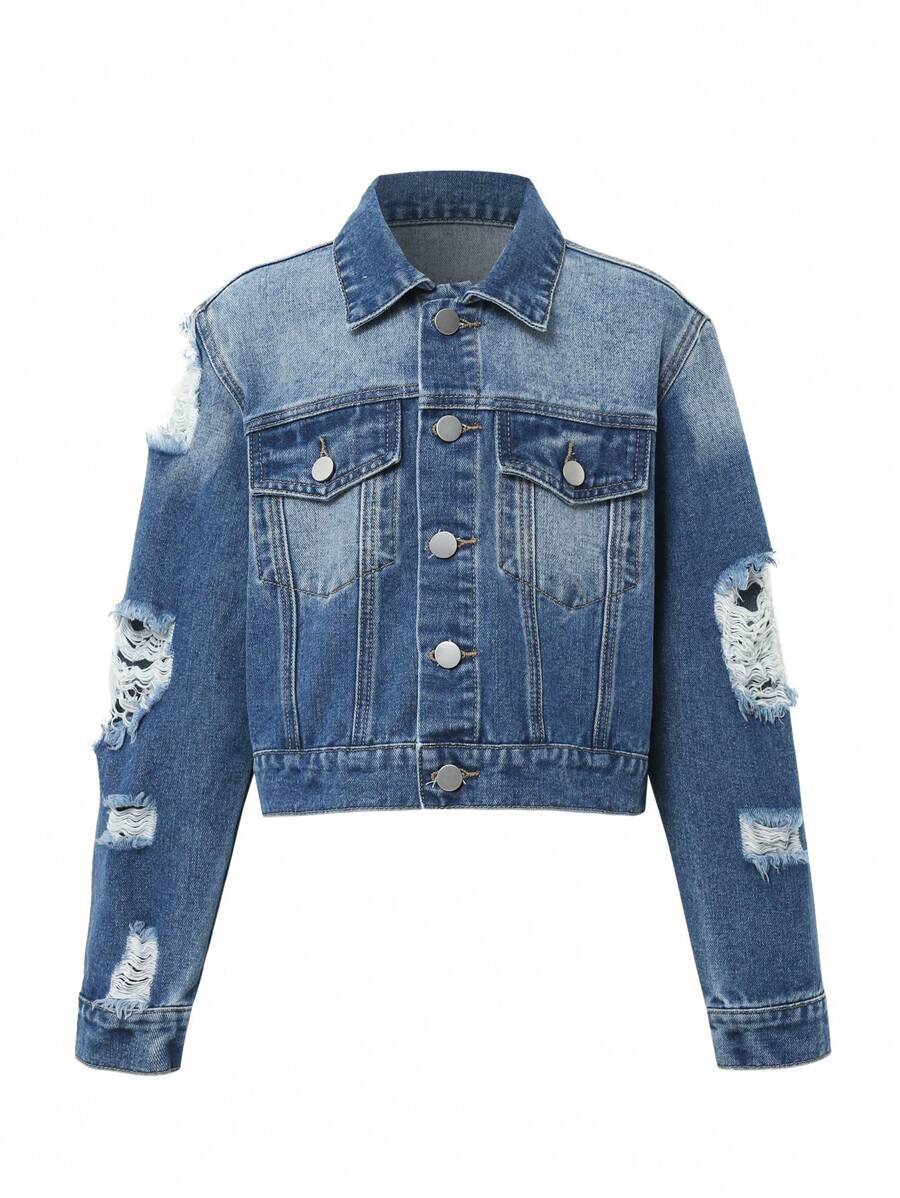 Áo khoác denim có túi rách Tween Girl - Rửa tối - Xem 1