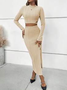 SHEIN Privé Conjunto De Top Acanalado Con Recortes Y Falda Con Abertura Para Mujeres - Albaricoque - Ver 3