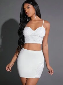 Hauture Rhinestone Dot Cami Top & Skirt Two Pieces Set - White - View 2