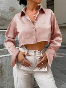 SHEIN PETITE Dual Pocket Cropped Shirt - Pink - View 3