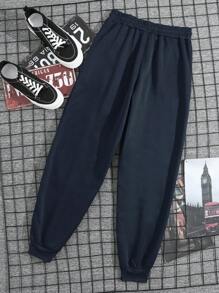 男士素色腰部抽繩衛褲 - 藏蓝色 - 查看 2