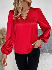 SHEIN Privé Chain Detail Lantern Sleeve Satin Blouse - Red - View 3