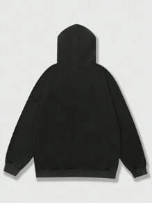 ROMWE MEN Street Life Hombres Capucha con estampado de slogan y figura con cordón - Negro - Ver 2