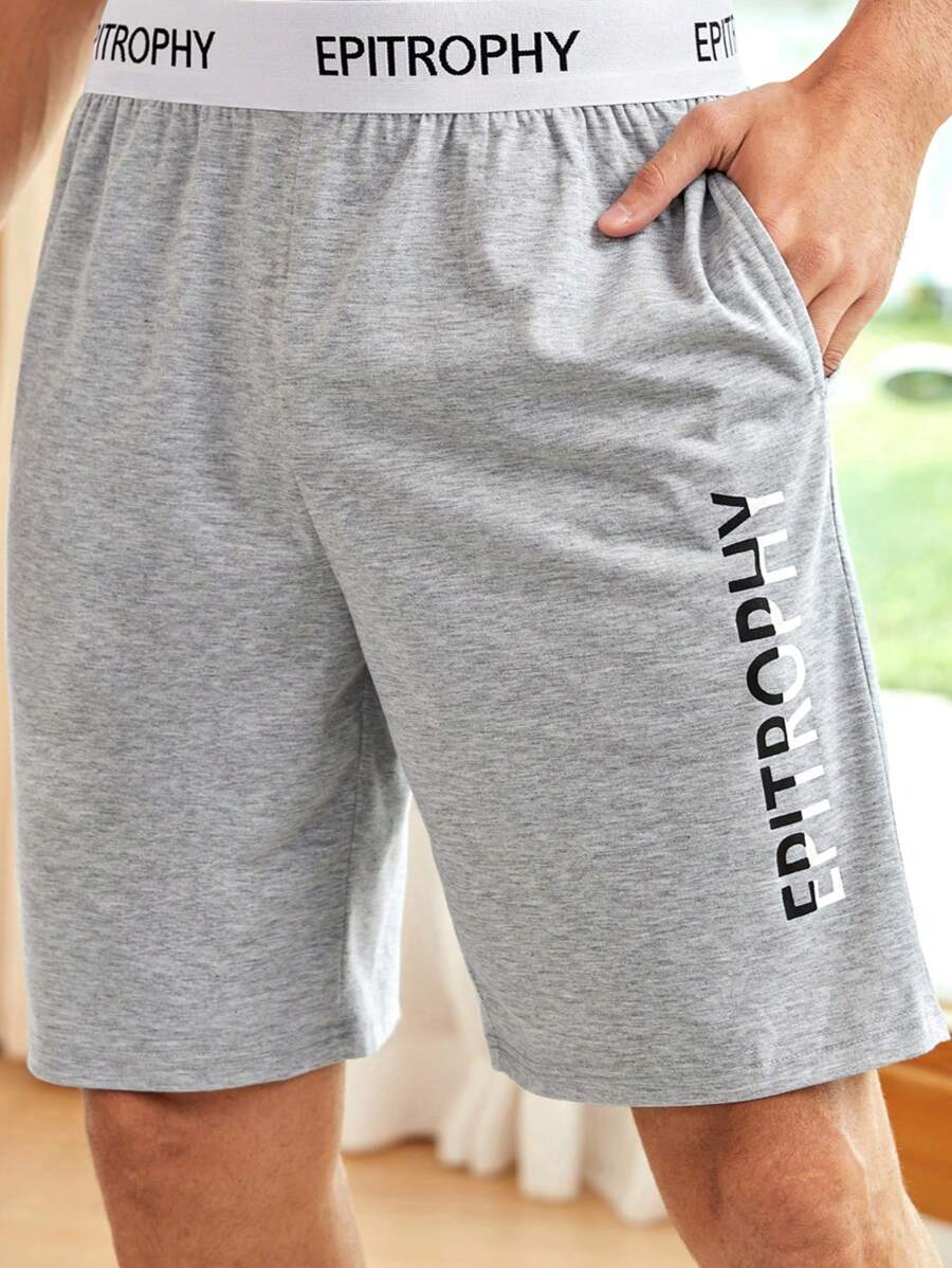 SHEIN شورت نوم بطباعة أحرف للرجال - رمادي - مشاهدة 1