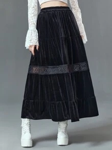 ROMWE Goth Contrast Lace Ruffle Hem Skirt - Black - View 1