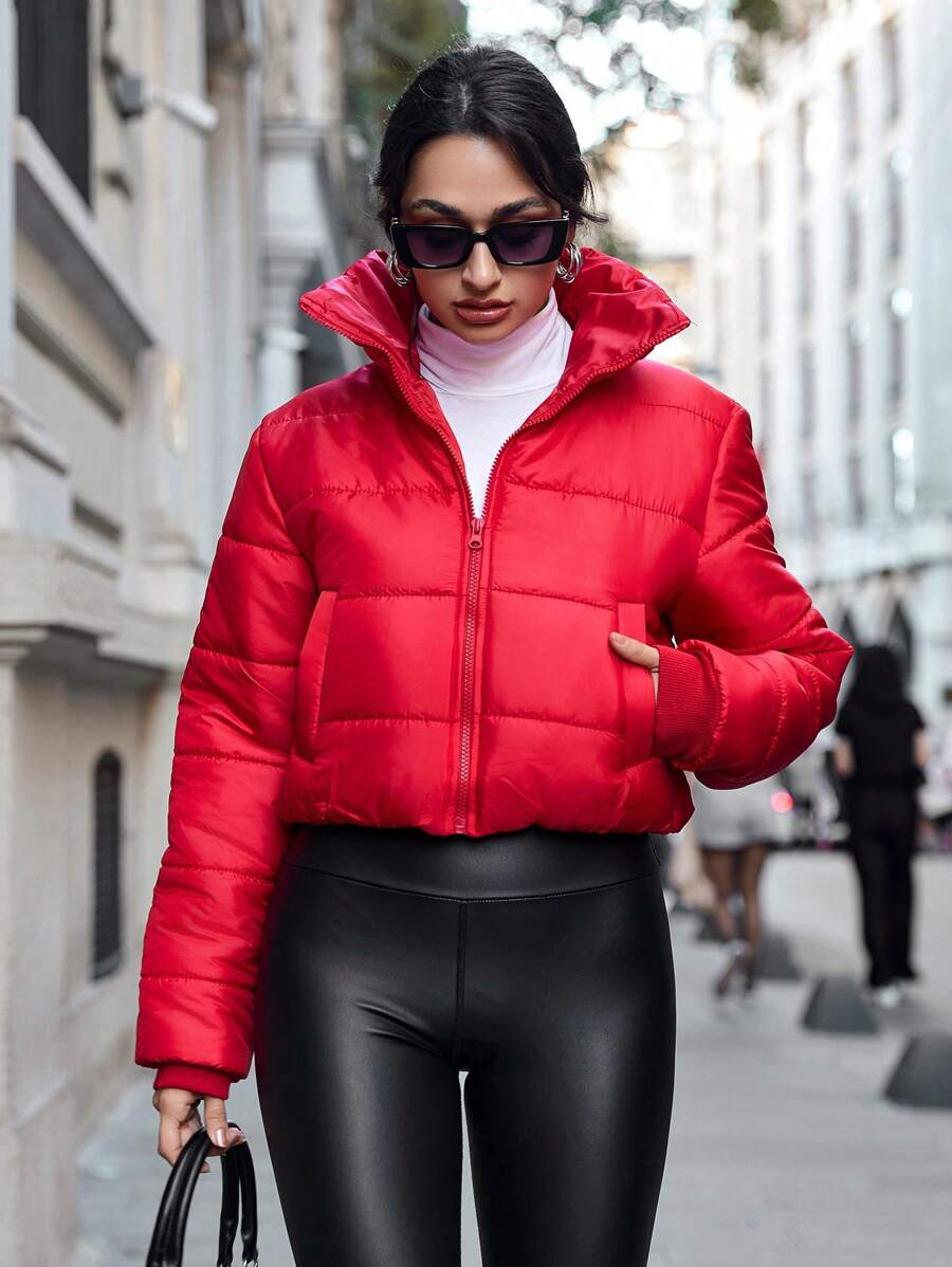 EURMUSE Women'S Red Zipper Stand Collar Short Padded Jacket - Red - View 1