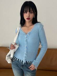 DAZY Solid Distressed Trim Button Front Cardigan,Fall Clothes - Blue - View 1