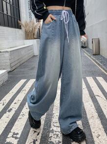 Dazy Star Women's Drawstring Waist Wide Leg Denim Pants - Medium Wash - View 7