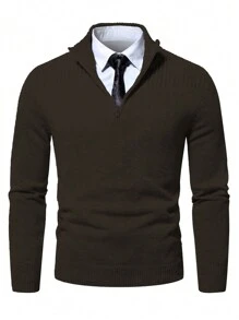 Manfinity Mode 男士素色拉鏈開襟套頭毛衣無襯衫 - 棕色 - 查看 3