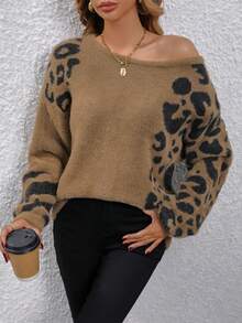 EMERY ROSE 豹紋圖案落肩袖套頭毛衣 - 駝色 - 查看 4