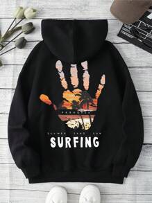 SHEIN EZwear Đồ họa chữ & tay Dây rút Lót nhiệt Hoodie - màu đen - Xem 1