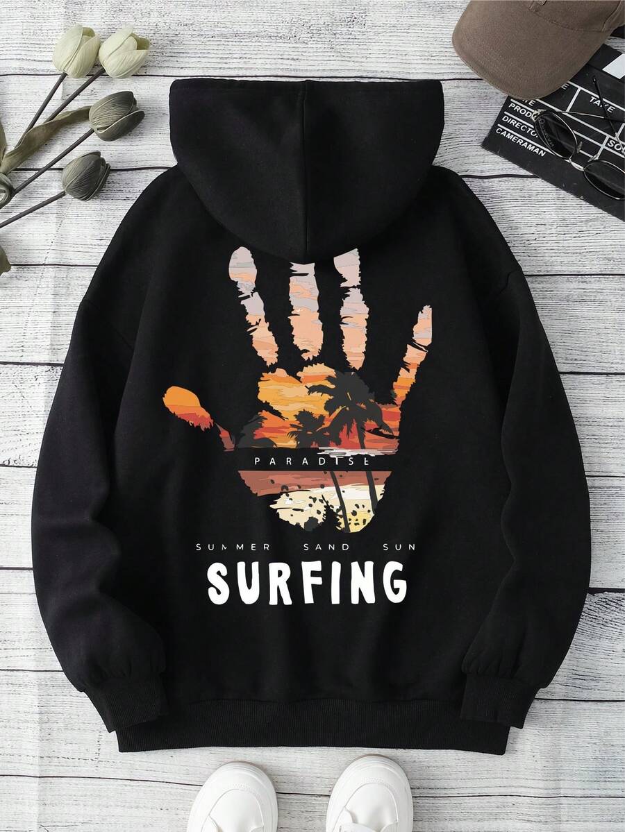 SHEIN EZwear Đồ họa chữ & tay Dây rút Lót nhiệt Hoodie - màu đen - Xem 1